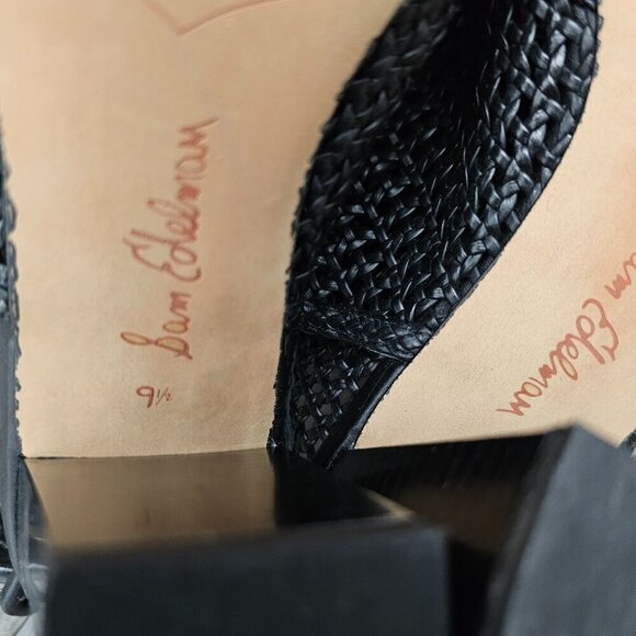 Sam Edelman Evie Basket Weave Open Toe Sling Back Black Block Heel Sandal - Picture 4 of 13